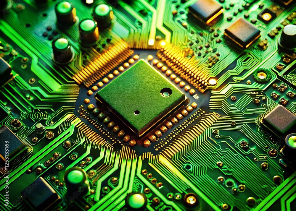 Fototapeta premium Rotating Circuit Board Closeup: Green PCB with Electronic Components