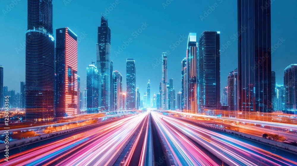 Fototapeta premium Vibrant City Skyline at Night with Light Trails and Skyscrapers