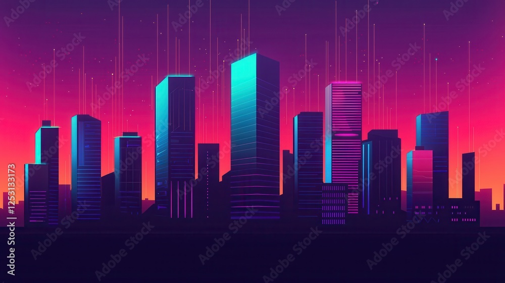 Vibrant Neon Cityscape with Abstract Sky and Colorful Lights