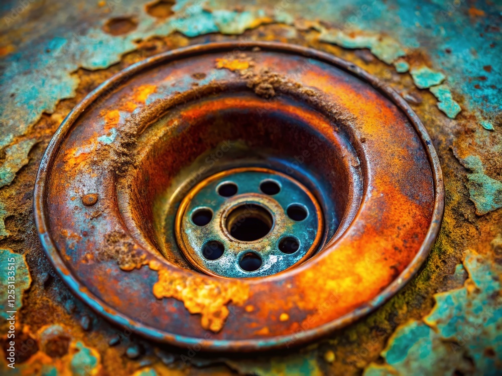 Rusted Sink Drain Close-up: Textured Patina & Metallic Stopper, Aged Metal Detail