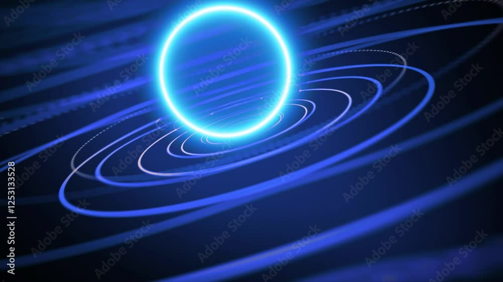Futuristic blue technology background featuring concentric circles, lines, and a glowing sphere.