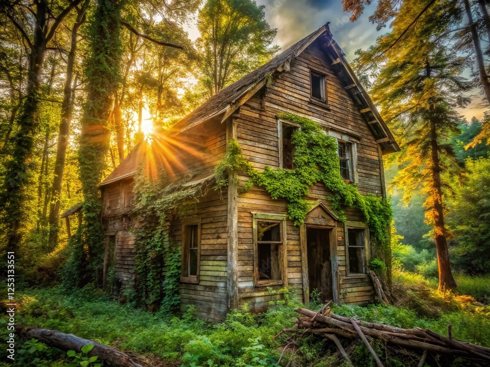 Rustic Abandoned Wooden House in Forest, Early 20th Century Architecture, Decaying Structure, Nature Photography Rustic Abandoned Wooden House in Forest, Early 20th Century Architecture, Decaying Structure, Nature Photography