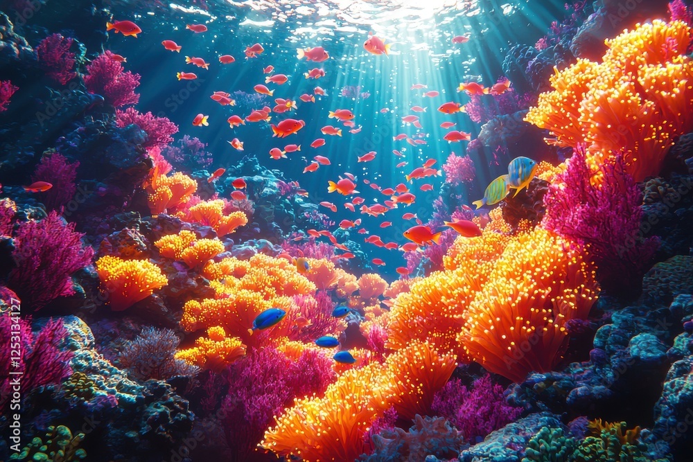 Fototapeta premium Vibrant underwater reef teeming with colorful fish and radiant coral under sunlight