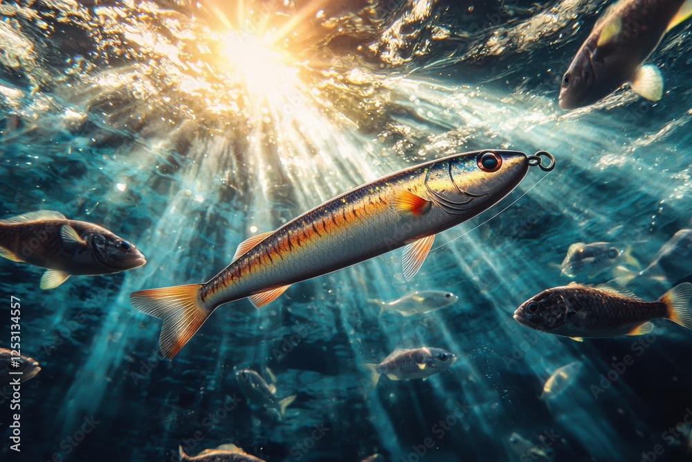 Fototapeta premium Vibrant underwater world with fishing lure and curious fish illuminated by sunlight