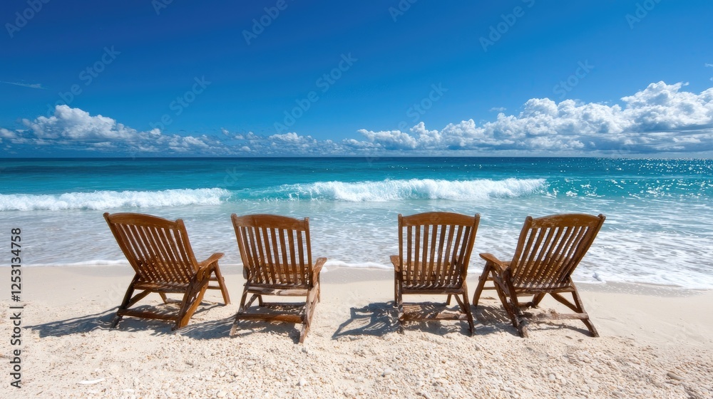 Beach chairs on white sand, ocean view, relaxing scene, vacation Beach chairs on white sand, ocean view, relaxing scene, vacation