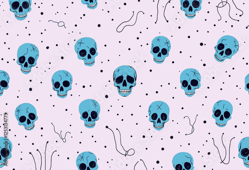 Blue skulls with black eyes and crossed-out noses, arranged in a grid-like formation against a light pink background with scattered black dots. Vector patterns, random pattern
