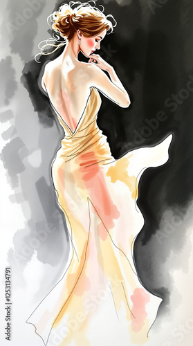Exquisite watercolor painting, elegant woman dancing tango in evening dress, feminine energy