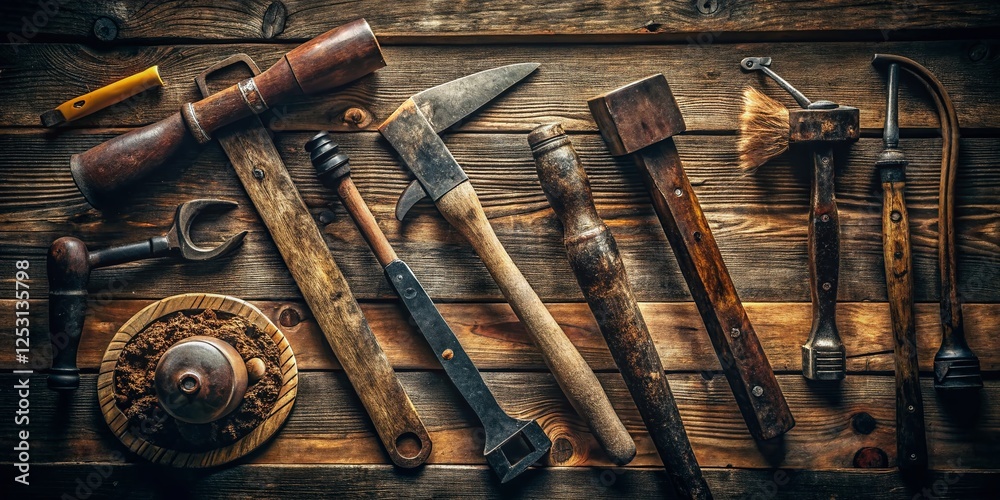 Rustic Old Tools Flat Lay: Axe, Sledgehammer, Shovel, Saw, Rake on Wooden Background - Low Light Photography Rustic Old Tools Flat Lay: Axe, Sledgehammer, Shovel, Saw, Rake on Wooden Background - Low Light Photography