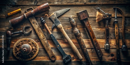 Wallpaper Mural Rustic Old Tools Flat Lay:  Axe, Sledgehammer, Shovel, Saw, Rake on Wooden Background - Low Light Photography Torontodigital.ca