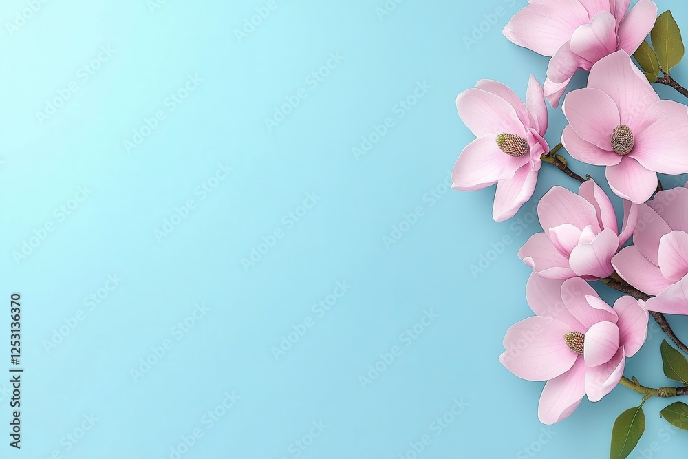 Naklejka premium A magnolia branch with soft pink blossoms and green leaves set against a pastel blue background, creating a fresh and minimalistic spring composition