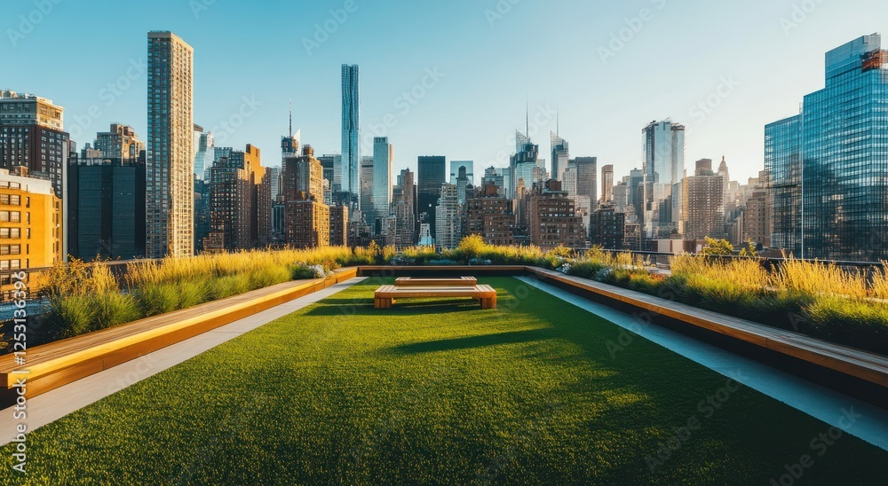 A rooftop garden with green grass, wooden benches and city skyline view