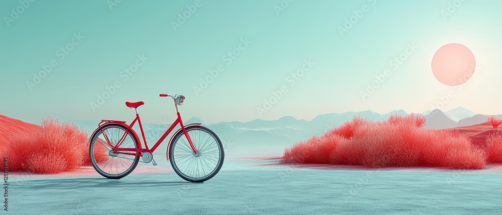 Fototapeta premium Red Bicycle In Dreamy Landscape