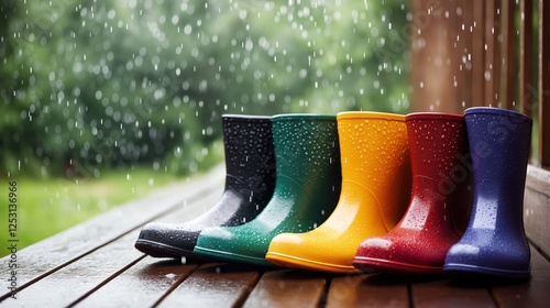 A row of colorful rain boots lined up on a wooden porch during rainfall, with water droplets glistening on their surfaces and a blurred green background photo