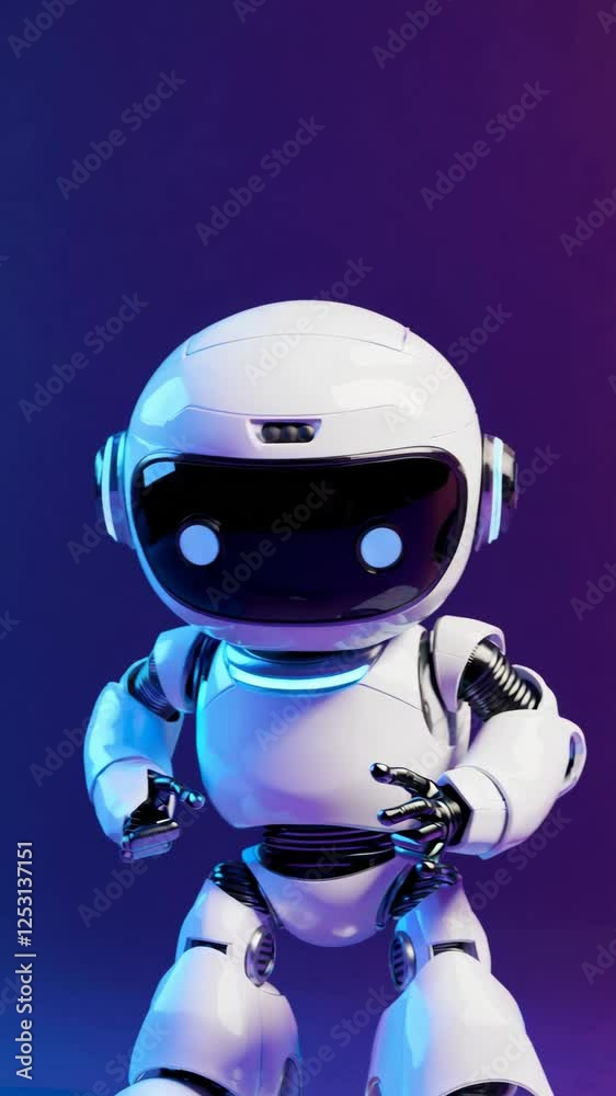 Humanoid robot dancing dynamically, performing expressive choreography near glowing neon electronic background with vibrant stylized colors