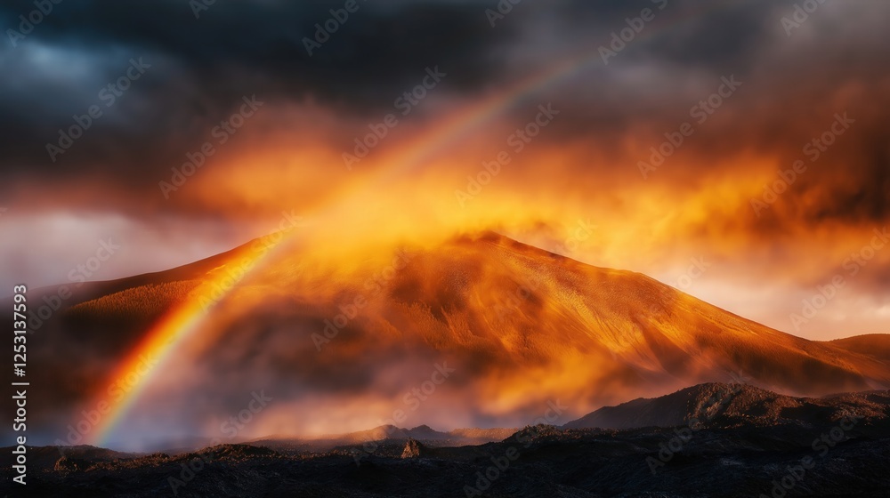 Fototapeta premium A breathtaking mountain landscape after a storm, with golden sunlight piercing through dark clouds and a vibrant rainbow arching over mist-covered peaks, creating a magical and dramatic scene