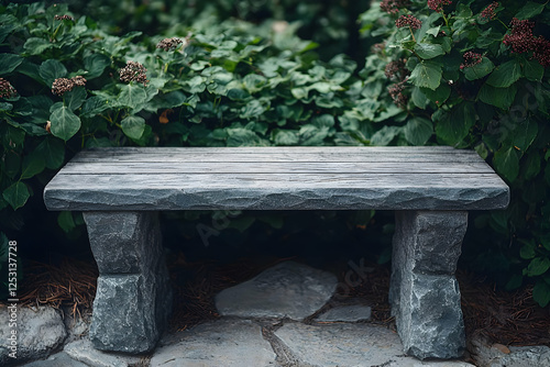 Stone bench in garden, tranquil scene photo