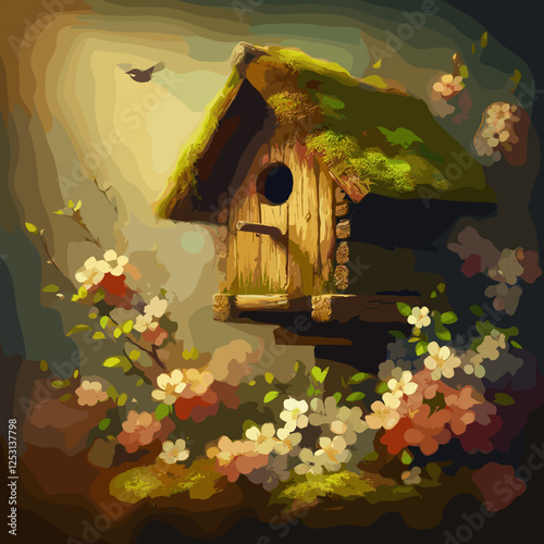 Charming birdhouse surrounded by blooming flowers, serene mood, artistic painting style, soft colors, nature concept
