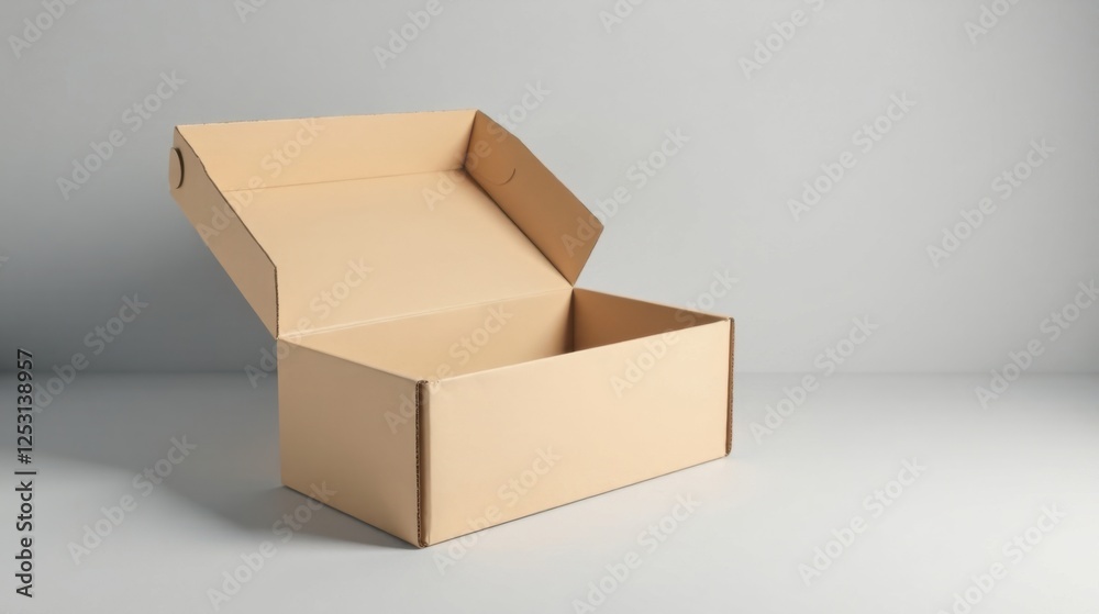 An empty, light beige cardboard box sits open on a plain white surface against a neutral background, ready for product placement or shipping An empty, light beige cardboard box sits open on a plain white surface against a neutral background, ready for product placement or shipping