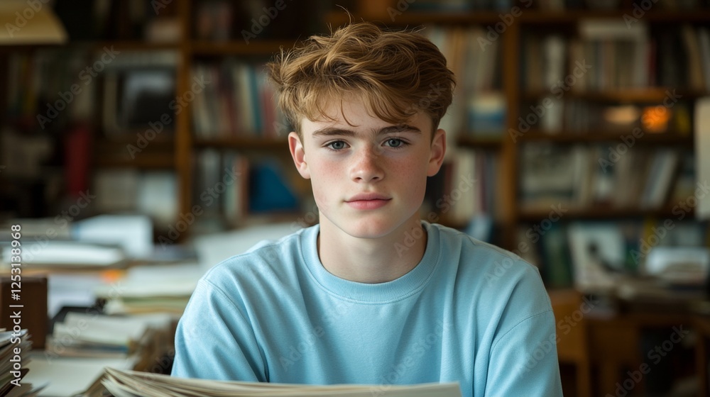 Stressed Teenager Overwhelmed with Schoolwork, Studying in Library, Education Concept Stressed Teenager Overwhelmed with Schoolwork, Studying in Library, Education Concept
