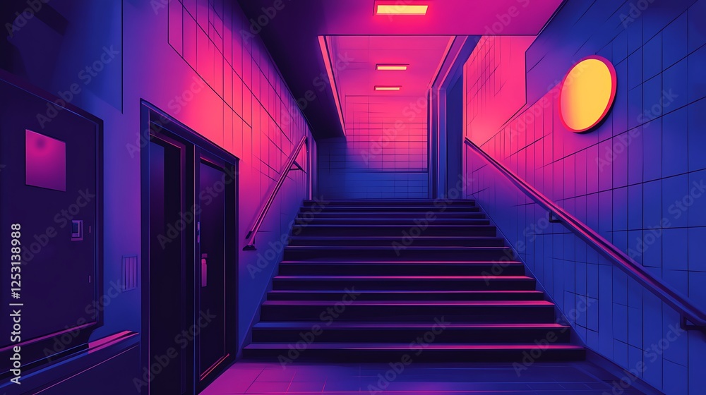 Neon Stairwell in a Futuristic Building