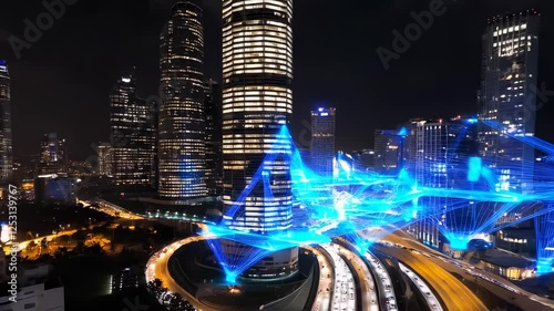 Night Cityscape with Light Trails and Skyscrapers