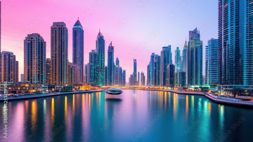 Fototapeta premium Stunning Twilight Cityscape of Dubai with Skyscrapers and Waterway