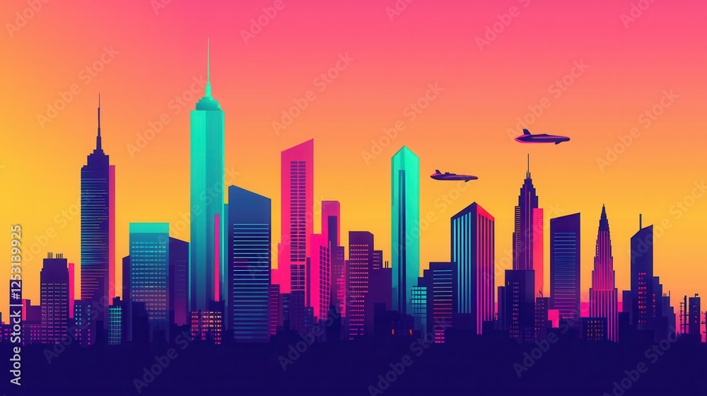 Fototapeta premium Vibrant City Skyline Illustration with Airplanes at Sunset