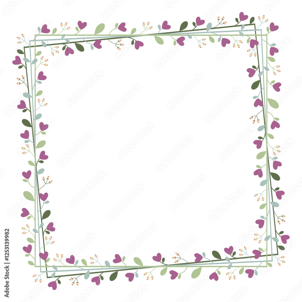 Beautiful Square Frame With Green Leaves And Love Purple Flowers