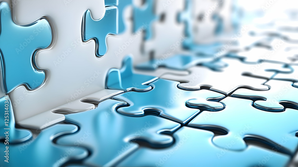 Blue and white puzzle pieces merging, teamwork concept Blue and white puzzle pieces merging, teamwork concept
