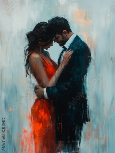 Romantic couple embracing closely in emotional moment, painted in expressive brush strokes. 