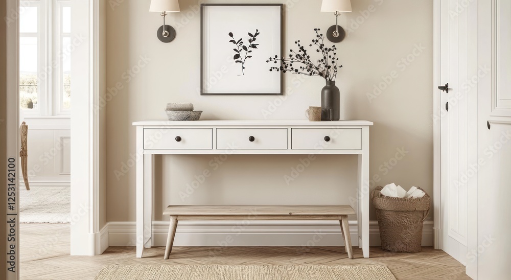 A white console table with two drawers and an open drawer on the right, wall lighting sconces above it, a wooden bench against light beige walls in a Scandinavian interior A white console table with two drawers and an open drawer on the right, wall lighting sconces above it, a wooden bench against light beige walls in a Scandinavian interior