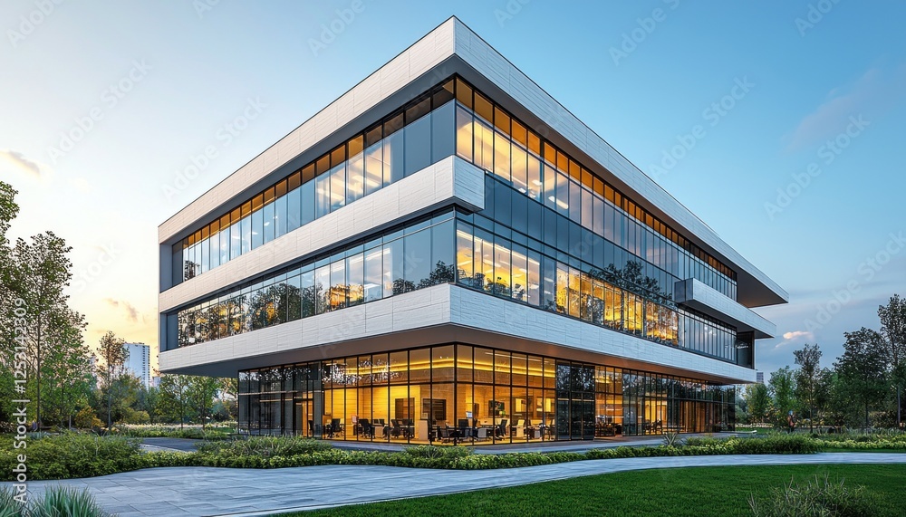 Obraz premium Modern office building exterior at dusk with landscaping