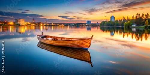 Serene Finnish Lake: Boat on Kuhmo's Calm Waters - Stock Photo photo