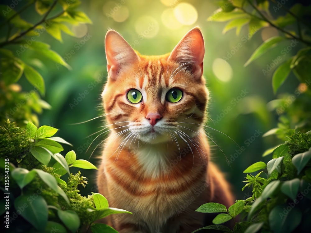 Serene Ginger Cat Portrait Amidst Lush Green Foliage Serene Ginger Cat Portrait Amidst Lush Green Foliage