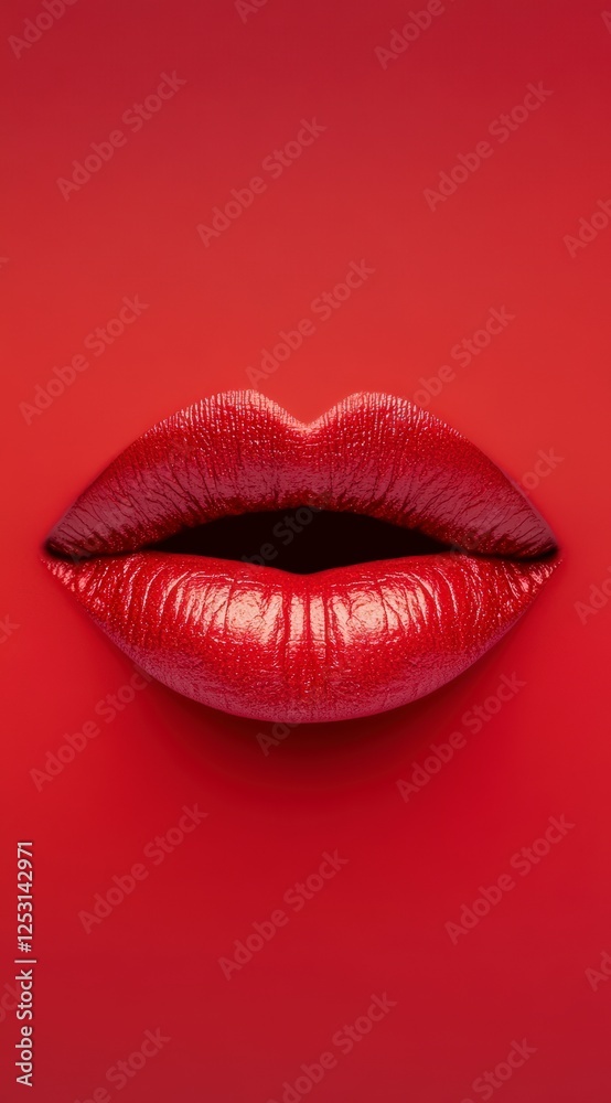 Obraz premium Close-Up of Glossy Red Lips on a Bold Red Background