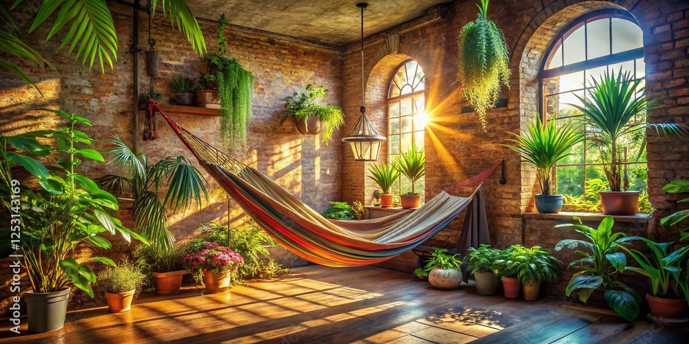 Obraz premium Serene Hammock Oasis: Aerial View of Brick Room with Lush Greenery