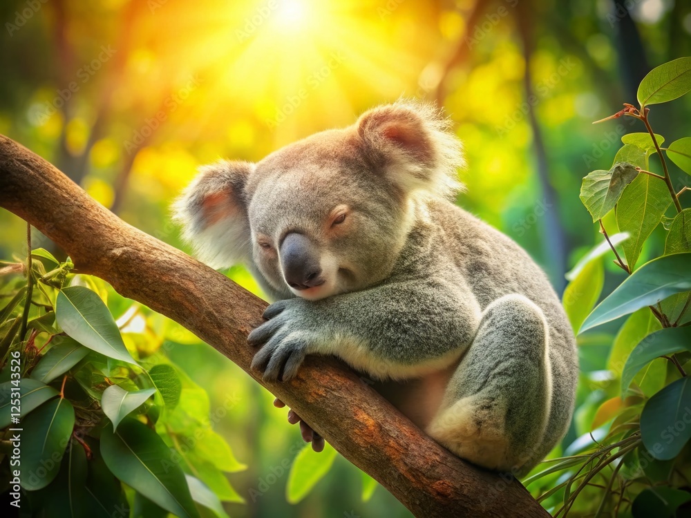 Fototapeta premium Serene Koala Sleeping on Branch, Lush Green Foliage, Soft Sunlight - Long Exposure Stock Photo