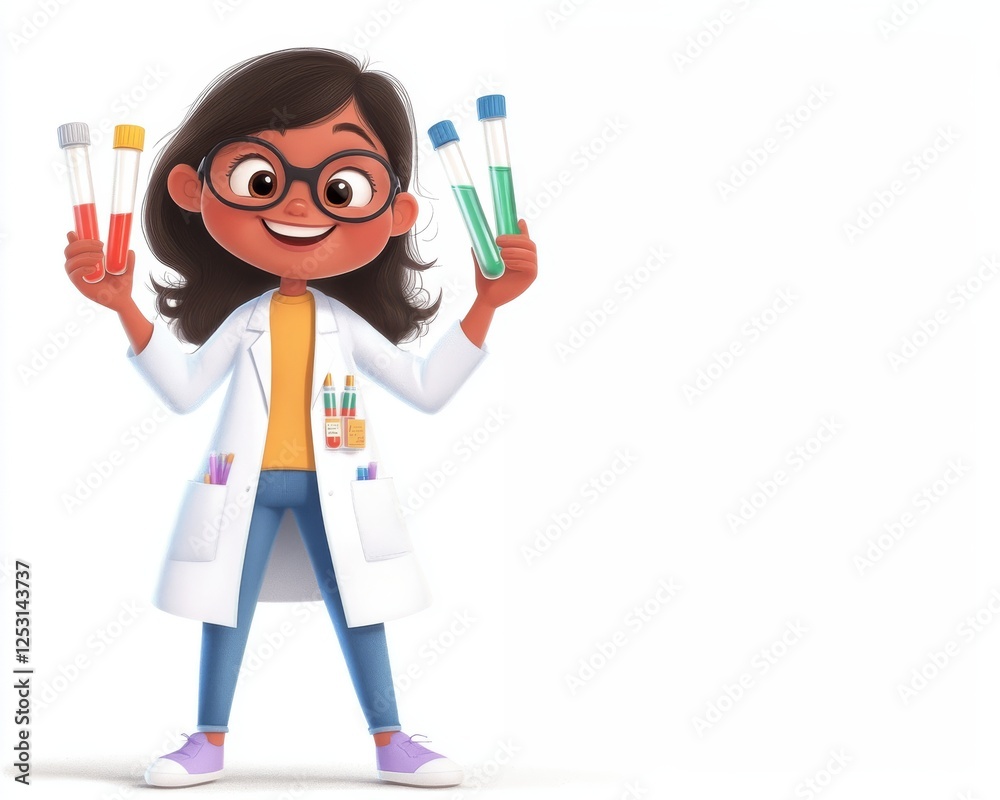 Smiling cartoon scientist girl holding test tubes: science education for kids