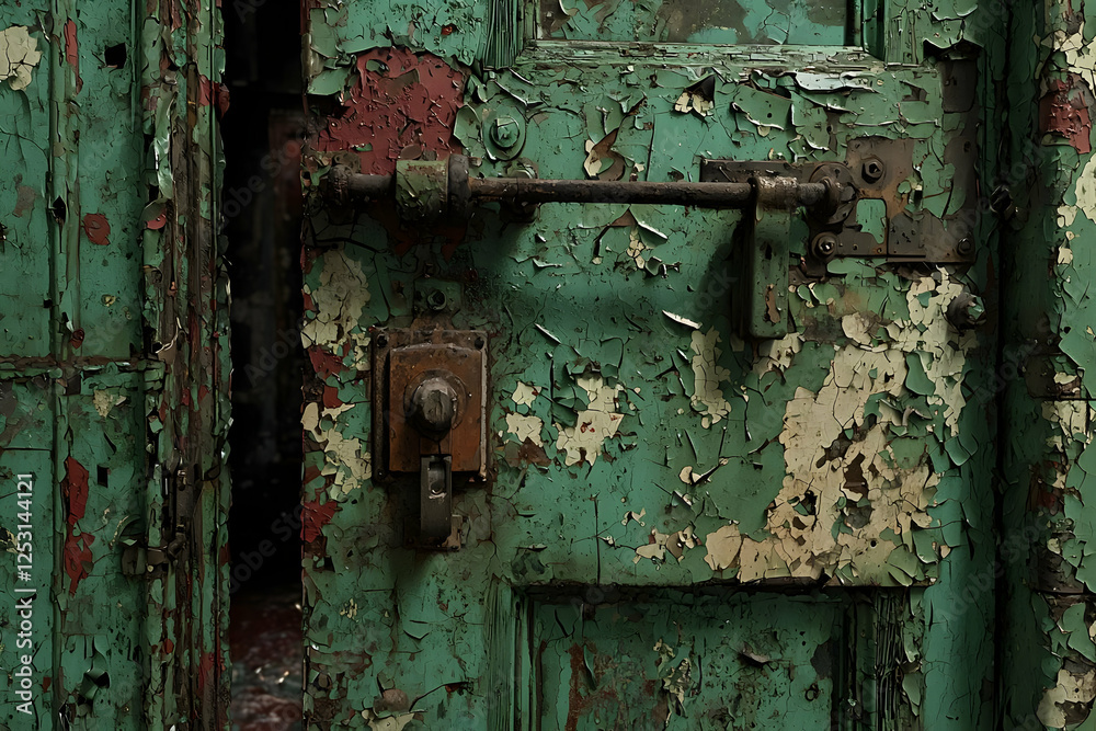 Peeling paint on old door, urban decay, interior Peeling paint on old door, urban decay, interior