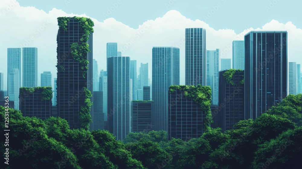 Obraz premium Urban Jungle with Lush Greenery and Skyscrapers Under Blue Sky