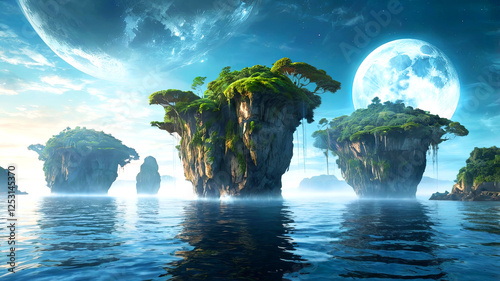 A surreal landscape with giant floating islands photo