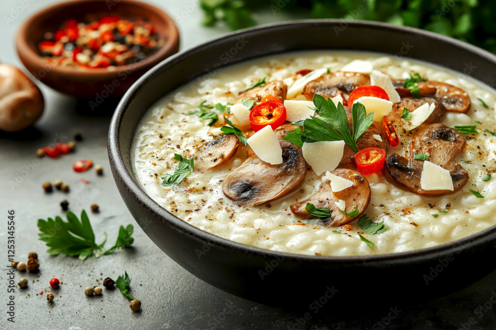Creamy mushroom risotto garnished with herbs and spices served in a black bowl at a cozy dining table. Comfort food. Risotto with mushrooms, parmesan cheese herbs and spices, Italian cuisine Creamy mushroom risotto garnished with herbs and spices served in a black bowl at a cozy dining table. Comfort food. Risotto with mushrooms, parmesan cheese herbs and spices, Italian cuisine