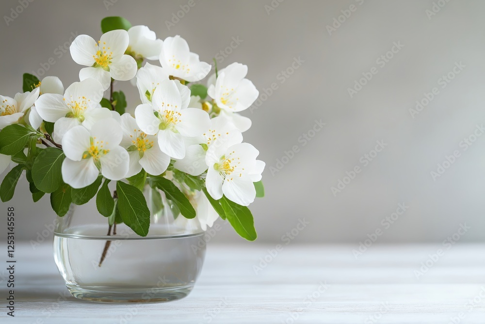 A bouquet of fresh spring blossoms with white petals and green leaves arranged in a clear round vase, placed on a light wooden surface against a soft gray background A bouquet of fresh spring blossoms with white petals and green leaves arranged in a clear round vase, placed on a light wooden surface against a soft gray background