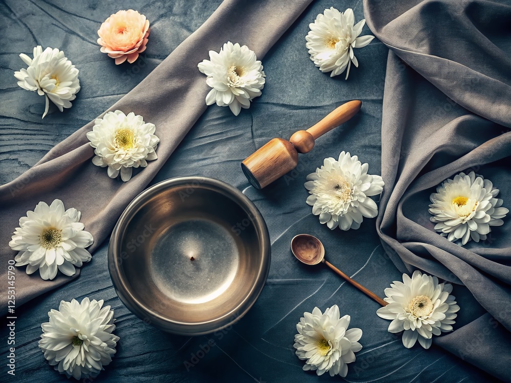 Serene Spa Still Life: Singing Bowl, Tingsha & Chrysanthemum Serene Spa Still Life: Singing Bowl, Tingsha & Chrysanthemum