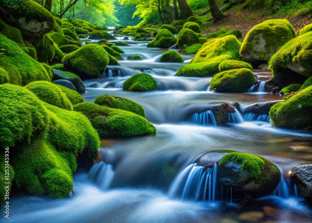 Fototapeta premium Serene Stream: Mossy Rocks & Rippling Water - Nature Stock Photo