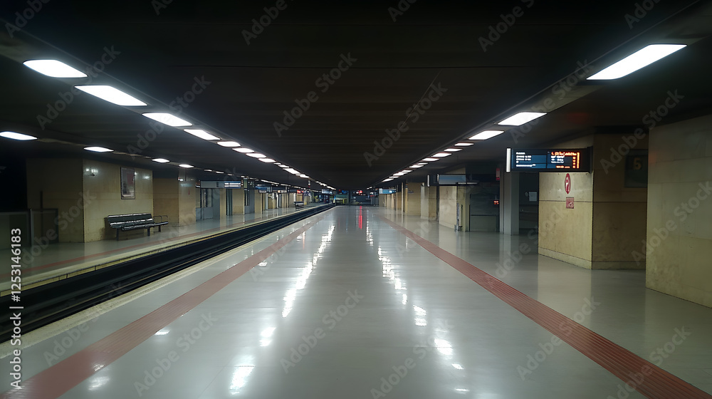 An empty subway station late at night. The trains are long gone, and the flickering lights cast an eerie glow on the empty platform. An empty subway station late at night. The trains are long gone, and the flickering lights cast an eerie glow on the empty platform.