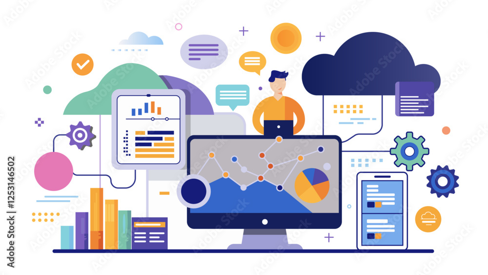 Data Analytics and Cloud Computing Concept with Graphs and Charts Data Analytics and Cloud Computing Concept with Graphs and Charts