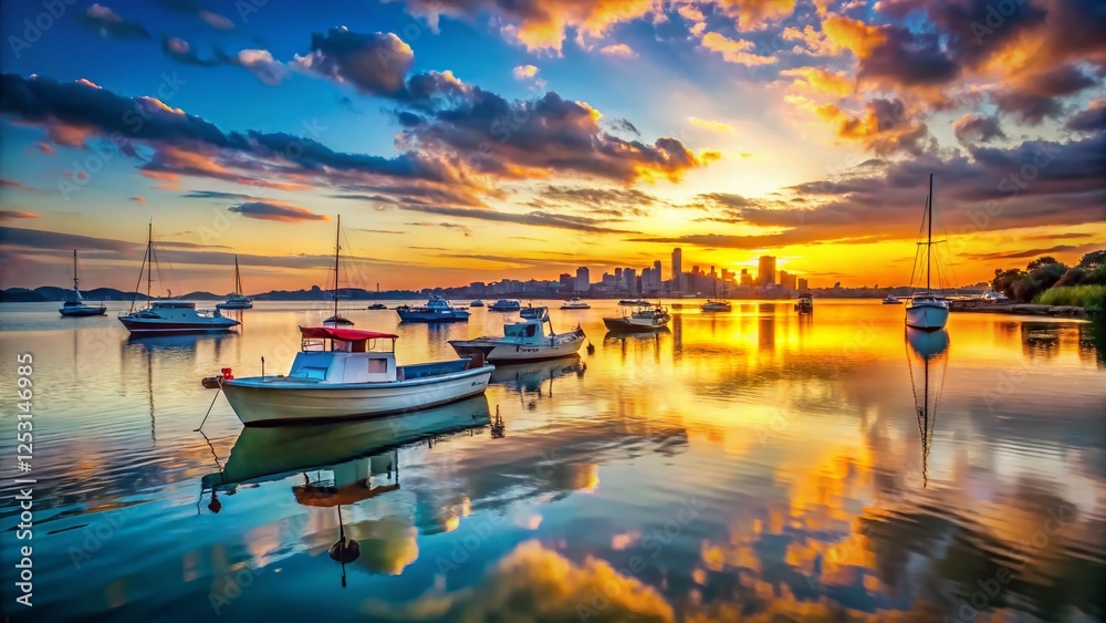 Fototapeta premium Serene Waterfront: Calm River, Boats, and City Skyline at Sunset