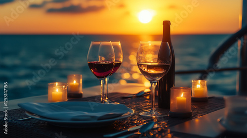 Elegant table with wine, candles, and ocean view at sunset on a cruise-1