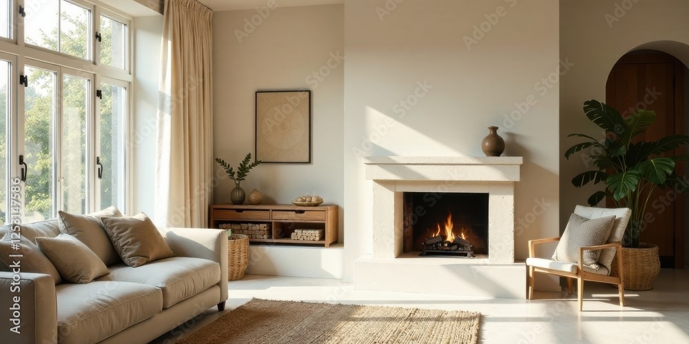 Fototapeta premium Serene living room interior design with a cozy fireplace, sunlight streaming through large windows, and neutral-toned furniture.